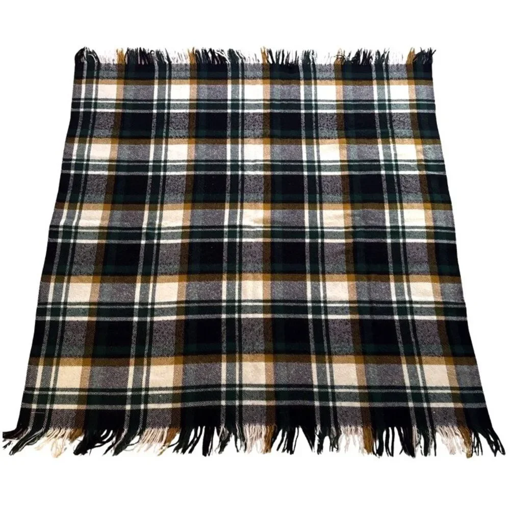 Vtg Troy Wool Leisure Blanket Green Navy Plaid Stadium Throw Fringe 48x53 USA